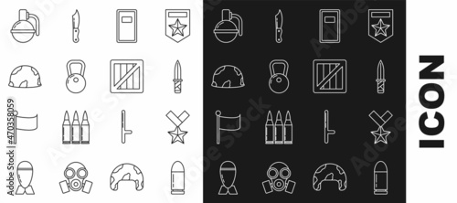 Set line Bullet, Military reward medal, knife, Police assault shield, Kettlebell, helmet, Hand grenade and ammunition box icon. Vector