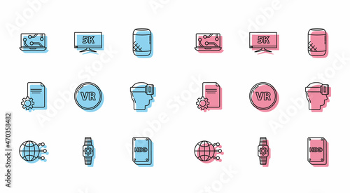 Set line Global technology or social network, Smartwatch, Laptop, Hard disk drive HDD, Virtual reality, glasses, File document and Monitor display with 5k video icon. Vector