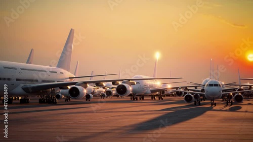 Multiple commercial and private airplanes grounded at an airport due to the travel restrictions caused by a global pandemic.