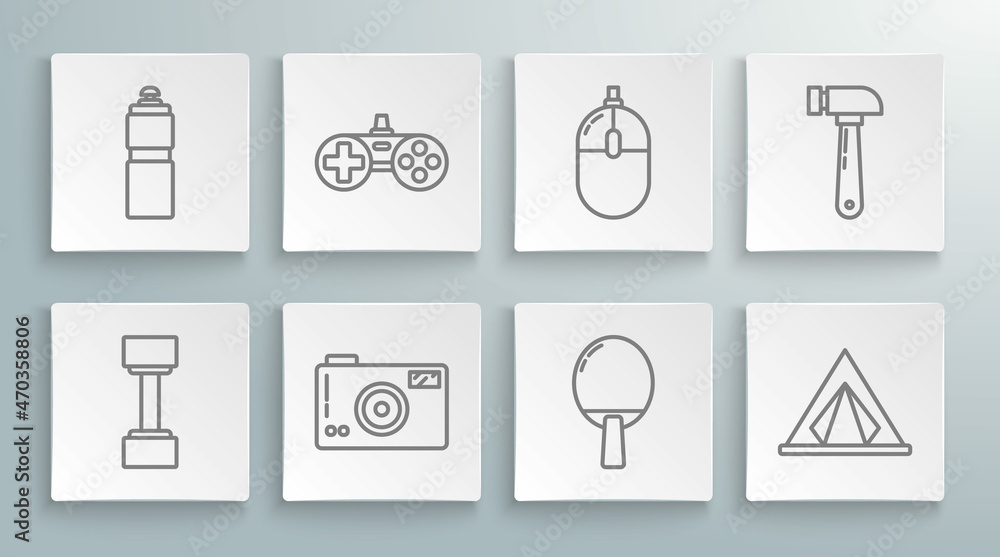 Set line Dumbbell, Gamepad, Photo camera, Racket for playing table tennis, Tourist tent, Computer mouse, Hammer and Fitness shaker icon. Vector Set line Dumbbell, Gamepad, Photo camera, Racket for playing table tennis, Tourist tent, Computer mouse, Hammer and Fitness shaker icon. Vector
