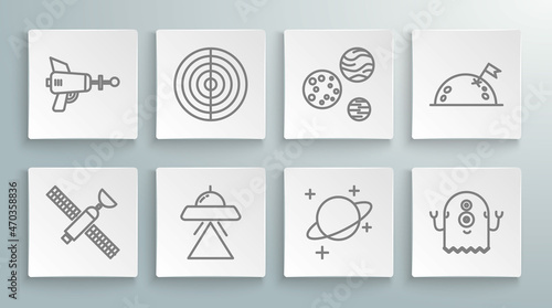 Set line Satellite, Earth structure, UFO flying spaceship, Planet, Alien, with flag and Ray gun icon. Vector