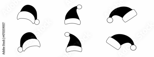 Set of realistic santa claus hats isolated on white background. Collection of Santa Claus hats, holiday cap for Christmas. Black and white icon.