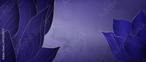Luxury art background with lotus flowers in blue tones and gold lines for web design, packaging and print
