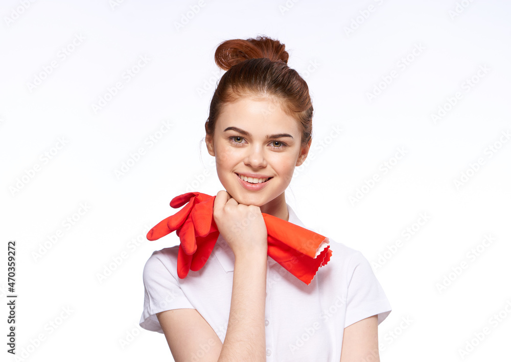 red-haired woman in white shirt cleaning lady housekeeping red-haired woman in white shirt cleaning lady housekeeping