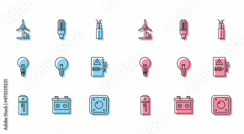 Set line Battery, Car battery, Wind turbine, Electric light switch, Light bulb, Electrical panel, with concept of idea and LED icon. Vector