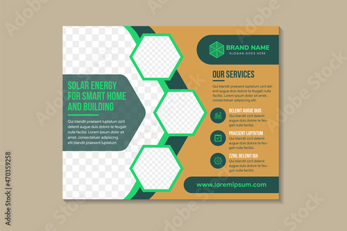 Solar energy for smarter home and building flyer design template. multicolor green element and brown background. hexagon space for photo collage. Save energy horizontal layout poster leaflet.