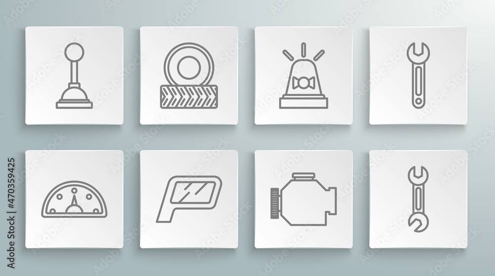 Set line Speedometer, Car wheel, mirror, Check engine, Wrench, Flasher siren, and Gear shifter icon. Vector Set line Speedometer, Car wheel, mirror, Check engine, Wrench, Flasher siren, and Gear shifter icon. Vector