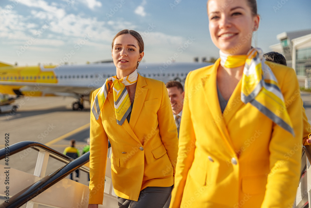 Fototapeta premium Cheerful flight attendants walking up plane boarding stairs