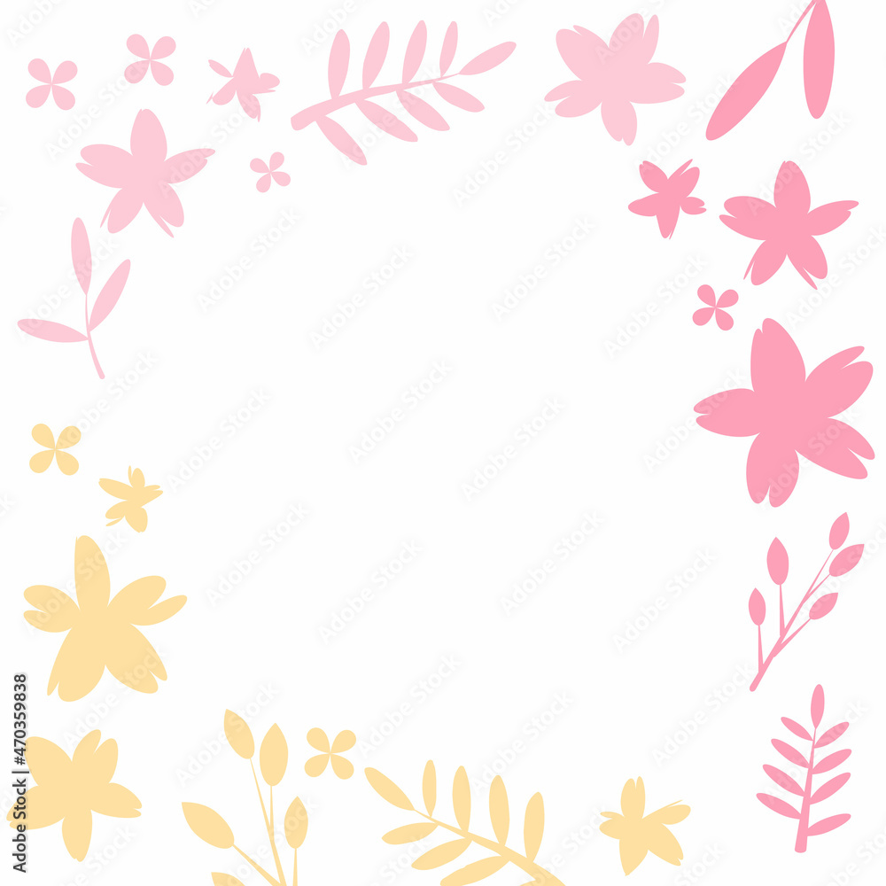 minimal and clean pink and yellow flower and leaf frame on white background