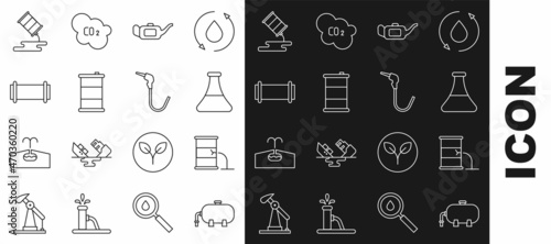 Set line Oil industrial factory building, Barrel oil leak, petrol test tube, Canister for motor, Industry pipe, and Gasoline pump nozzle icon. Vector