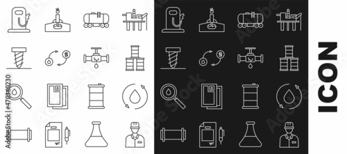 Set line Oilman, drop, Barrel oil, railway cistern, exchange, Rotating drill digging hole, Petrol or gas station and Broken pipe with leaking water icon. Vector