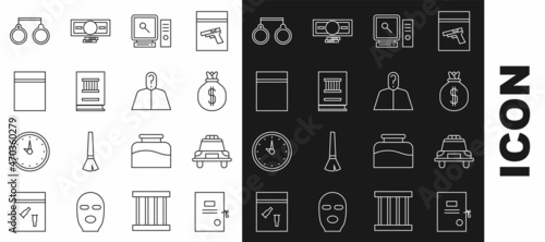 Set line Lawsuit paper, Police car and flasher, Money bag, Search computer screen, book, Plastic with ziplock, Handcuffs and Anonymous question mark icon. Vector