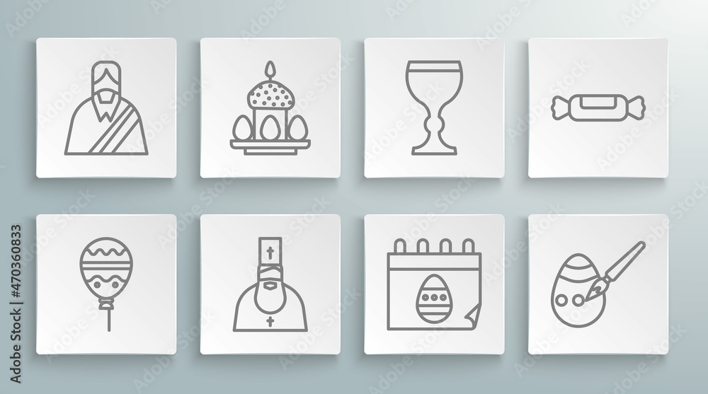 Set line Balloons with ribbon, Easter cake and eggs, Priest, Calendar, paint brush, Wine glass, Candy and Jesus Christ icon. Vector Set line Balloons with ribbon, Easter cake and eggs, Priest, Calendar, paint brush, Wine glass, Candy and Jesus Christ icon. Vector