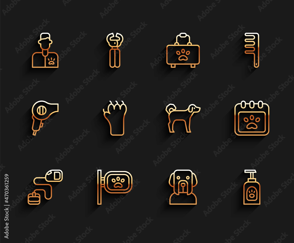 Set line Retractable cord leash, Pet grooming, Veterinarian doctor, Dog, shampoo, Paw print, Calendar and icon. Vector Set line Retractable cord leash, Pet grooming, Veterinarian doctor, Dog, shampoo, Paw print, Calendar and icon. Vector