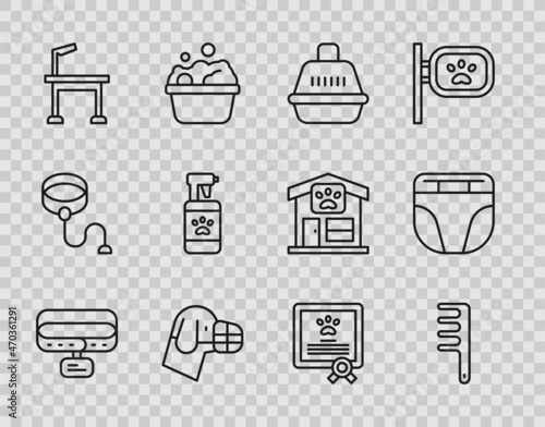Set line Collar with name tag, Hair brush for dog and cat, Pet carry case, Dog in muzzle, grooming table, shampoo, Certificate and Diaper icon. Vector