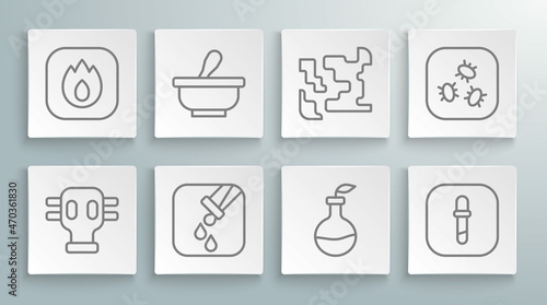 Set line Gas mask, Mortar and pestle, Test tube flask, Plant breeding, Pipette, Gaseous, Bacteria and Fire flame icon. Vector