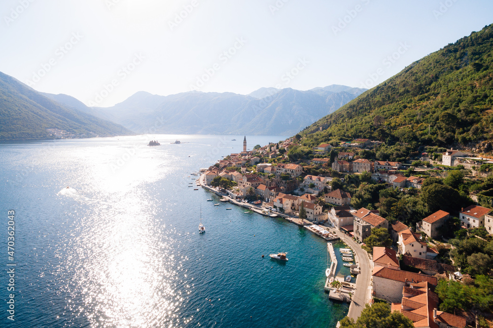 View from a drone on the coast of Perast near the Kotor Bay. Montenegro