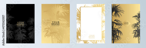 Tropical cover design set with golden leaves, palm tree pattern. Exotic floral vector background for brochure, luxury menu, sale flyer, summer template, eco catalog.	