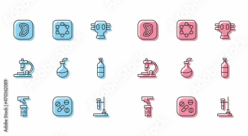Set line Test tube and flask, Medicine pill or tablet, Bacteria, on fire, Plant breeding, Propane gas tank, Microscope and Formula of benzene rings icon. Vector