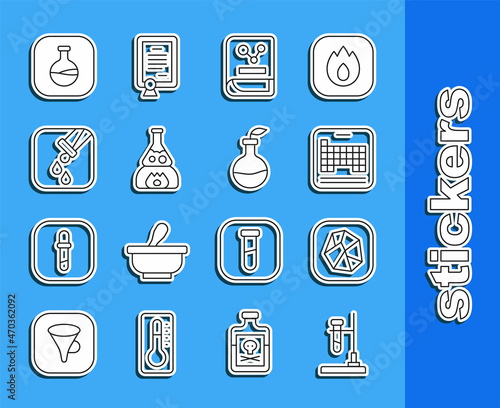 Set line Test tube flask on fire, Salt stone, Periodic table, Chemistry book, and, and Plant breeding icon. Vector