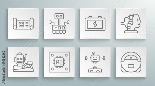 Set line Robot humanoid driving a car, Processor with microcircuits CPU, Disassembled robot, vacuum cleaner, Battery, for maintenance and blueprint icon. Vector