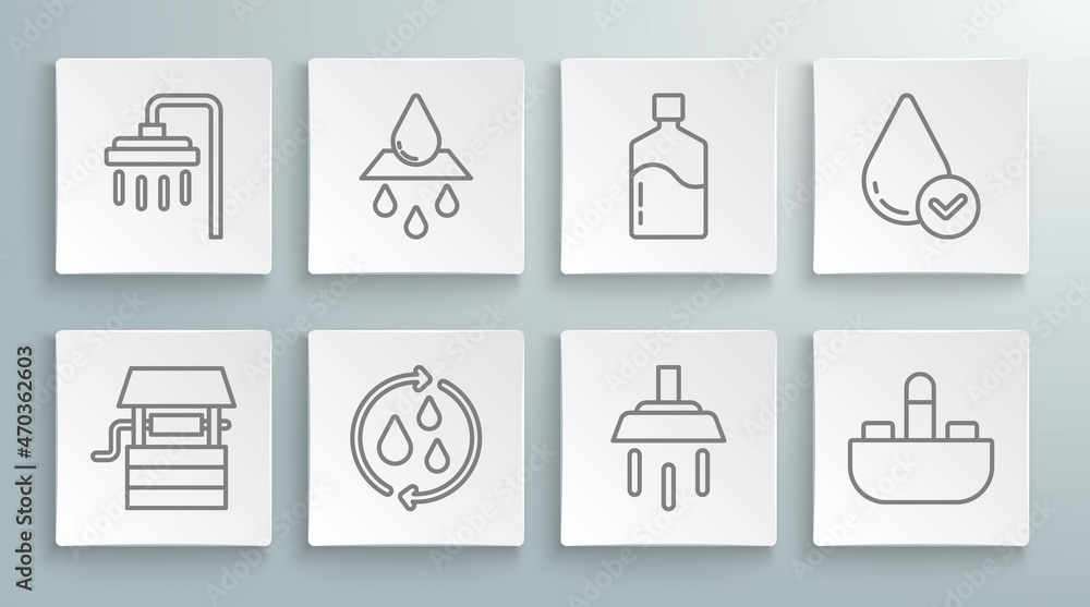 Set line Well with bucket, Recycle clean aqua, Shower, Washbasin water tap, Big bottle, Water drop and icon. Vector Set line Well with bucket, Recycle clean aqua, Shower, Washbasin water tap, Big bottle, Water drop and icon. Vector