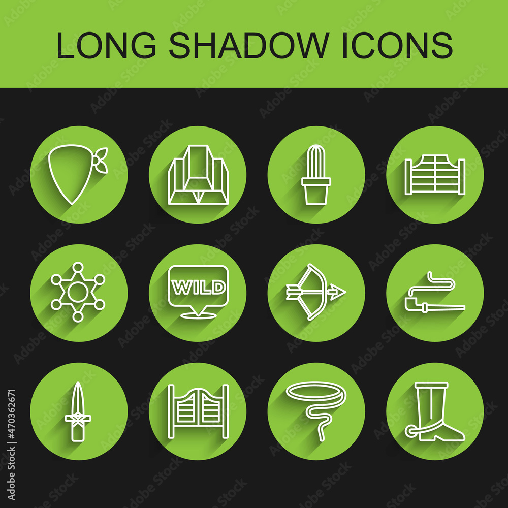 Set line Dagger, Saloon door, Cowboy bandana, Lasso, boot, Pointer to wild west, Smoking pipe and Bow arrow quiver icon. Vector Set line Dagger, Saloon door, Cowboy bandana, Lasso, boot, Pointer to wild west, Smoking pipe and Bow arrow quiver icon. Vector