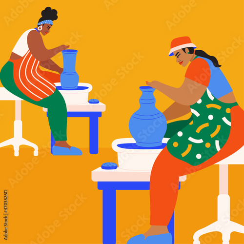 Illustration of people creating pottery in workshop
