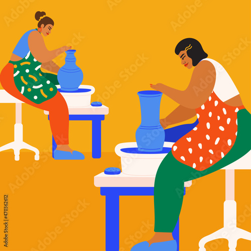 Illustration of people creating pottery in workshop