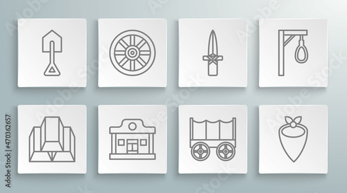 Set line Gold bars  Old wooden wheel  Wild west saloon  covered wagon  Cowboy bandana  Dagger  Gallows and Shovel icon. Vector