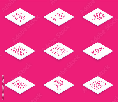 Set line Taxi call telephone service, Location with taxi, Road sign for stand, Taximeter, Cable car, Car key remote, Laptop and Magnifying glass icon. Vector