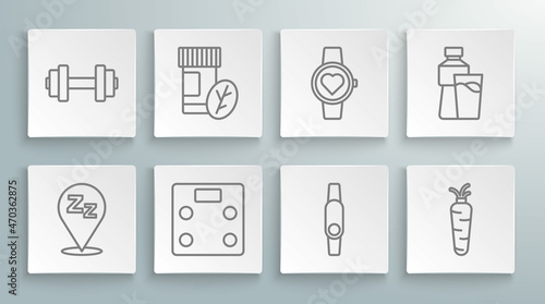 Set line Sleepy, Vitamin pill, Bathroom scales, Smartwatch, Carrot, Bottle of water with glass and Dumbbell icon. Vector