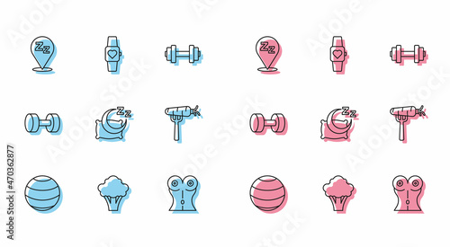 Set line Fitness ball, Broccoli, Sleepy, Women waist, Time to sleep, Carrot on fork, Dumbbell and Smart watch icon. Vector