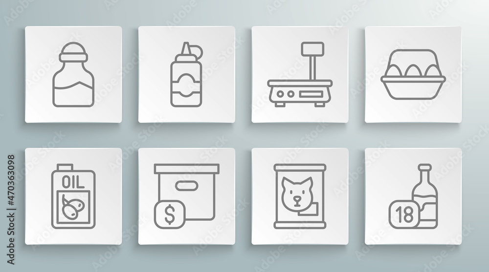 Set line Bottle of olive oil, Sauce bottle, Carton cardboard box with price, Canned food, Wine, Electronic scales, Chicken egg and Spice can icon. Vector Set line Bottle of olive oil, Sauce bottle, Carton cardboard box with price, Canned food, Wine, Electronic scales, Chicken egg and Spice can icon. Vector