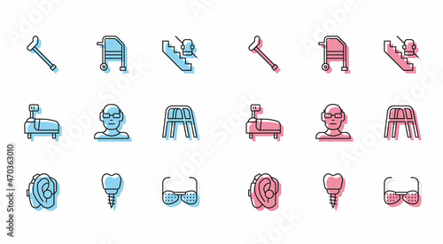 Set line Hearing aid, Dental implant, Walking stick cane, Blind glasses, Poor eyesight, Walker, Hospital bed and icon. Vector