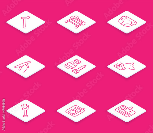 Set line Walking stick cane, Stretcher, Adult diaper, Blind human holding, Syringe, Guide dog, Prosthesis leg and Press SOS button icon. Vector