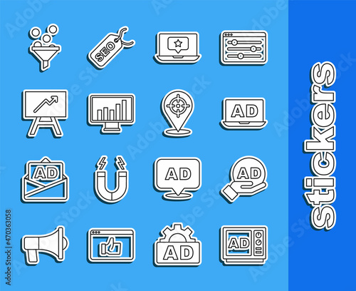 Set line Advertising, Laptop with star, Monitor graph chart, Board, Lead management and Target icon. Vector