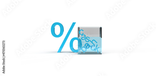 3d percentage blue icon and cashback inscription in a glass cube. Illustration on the topic of cashback, discounts, promotions, online store, business, payments. 3d rendering. White background.