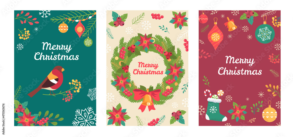 Fototapeta premium Colorful Christmas greeting cards vector illustration 