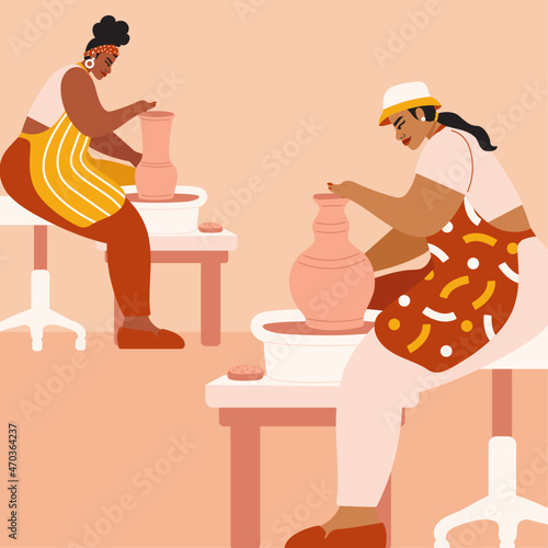 Illustration of people creating pottery in workshop