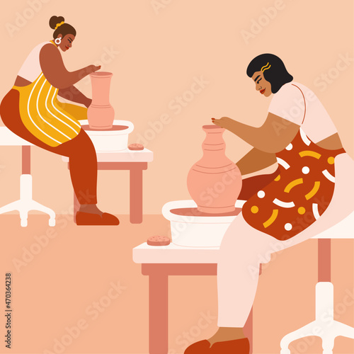 Illustration of people creating pottery in workshop