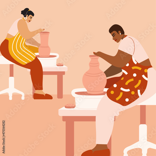 Illustration of people creating pottery in workshop