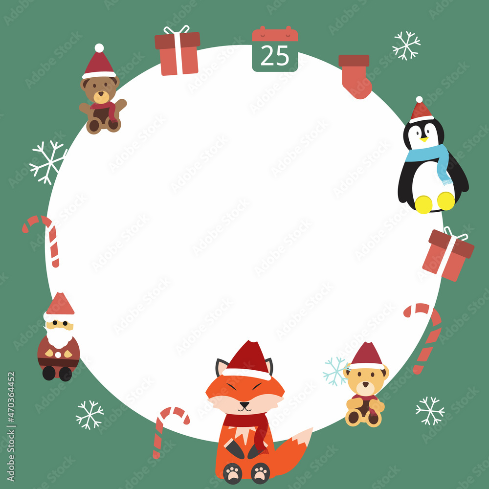 Christmas frame with animal wearing santa hat around template