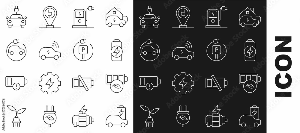 Set line Electric car, Eco nature leaf battery, Battery charge, charging station, Smart system, and Charging parking electric icon. Vector Set line Electric car, Eco nature leaf battery, Battery charge, charging station, Smart system, and Charging parking electric icon. Vector