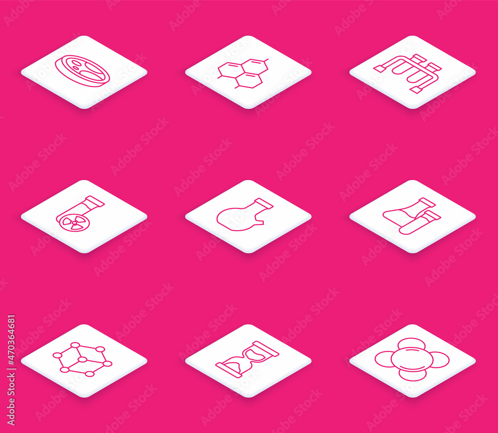 Set line Petri dish with bacteria, Chemical formula, Test tube, toxic liquid, Molecule and Old hourglass icon. Vector Set line Petri dish with bacteria, Chemical formula, Test tube, toxic liquid, Molecule and Old hourglass icon. Vector