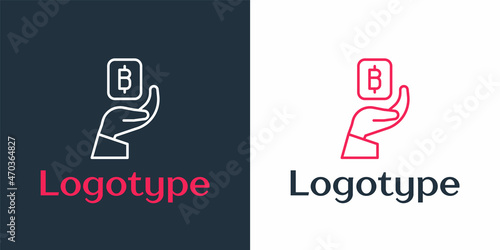 Logotype line Hand holding Bitcoin icon isolated on white background. Blockchain technology, digital money market, cryptocoin wallet. Logo design template element. Vector