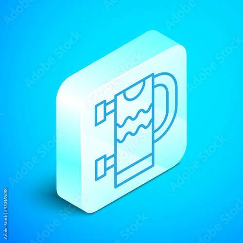 Isometric line Heated towel rail icon isolated on blue background. Silver square button. Vector