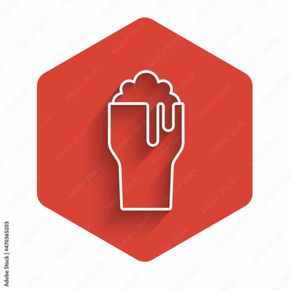 White line Glass of beer icon isolated with long shadow. Red hexagon button. Vector White line Glass of beer icon isolated with long shadow. Red hexagon button. Vector