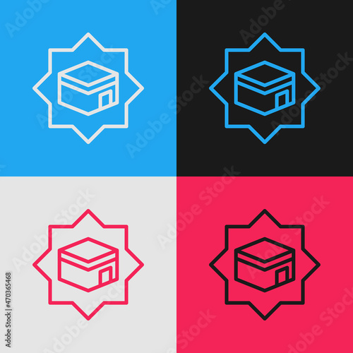 Pop art line Kaaba mosque icon isolated on color background. Kaaba hajj Mecca pray pilgrimage Ramadan Islam muslim mosque. Vector