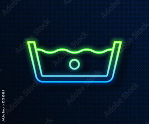 Glowing neon line Washing under 30 degrees celsius icon isolated on blue background. Temperature wash. Vector